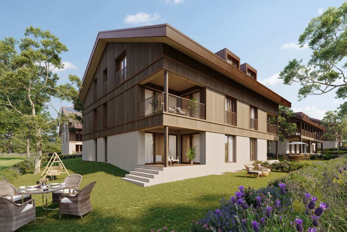 Moderne Holzarchitektur mit Garten
