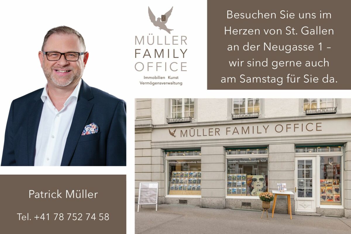 Immobilienbüro mit Außenansicht und Werbegrafik