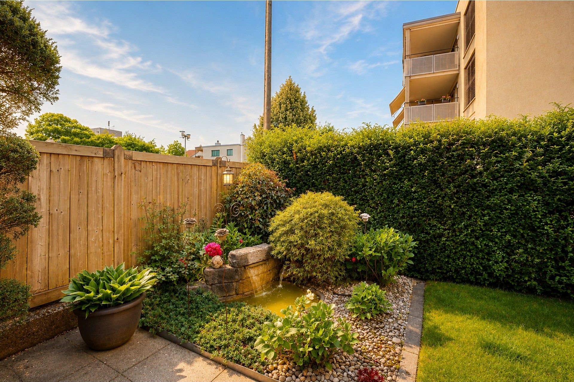 Gepflegter Garten mit Zierteich und Holzsichtschutz
