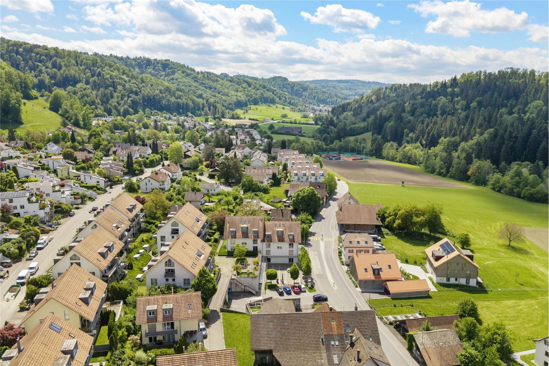 Luftaufnahme eines grünen Wohngebiets im Tal