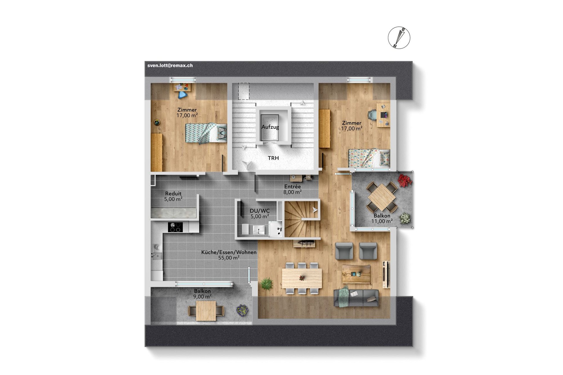 Grundriss einer Wohnung mit Balkon und Lift