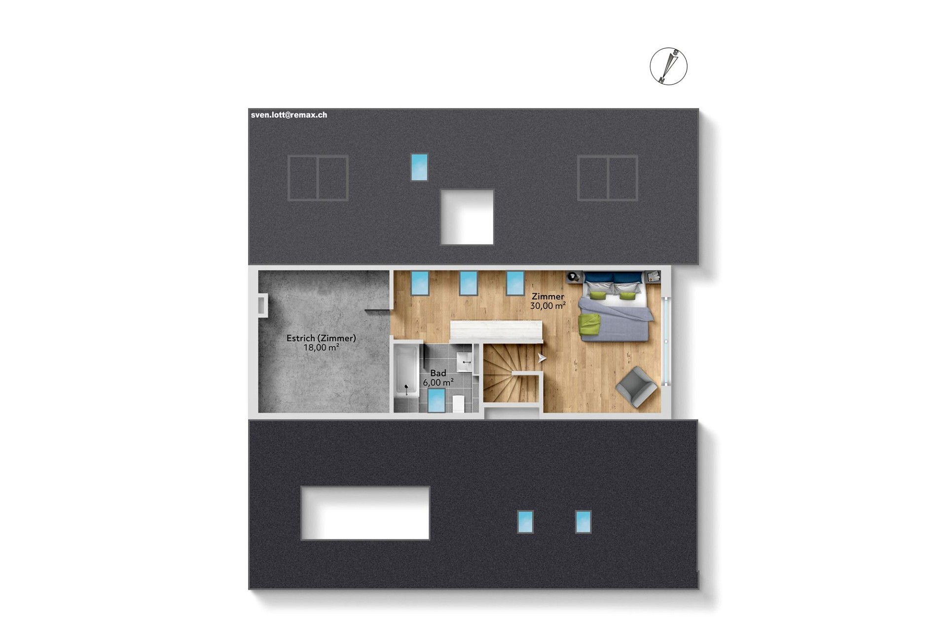 Grundriss eines Obergeschosses mit Schlafzimmer und Bad