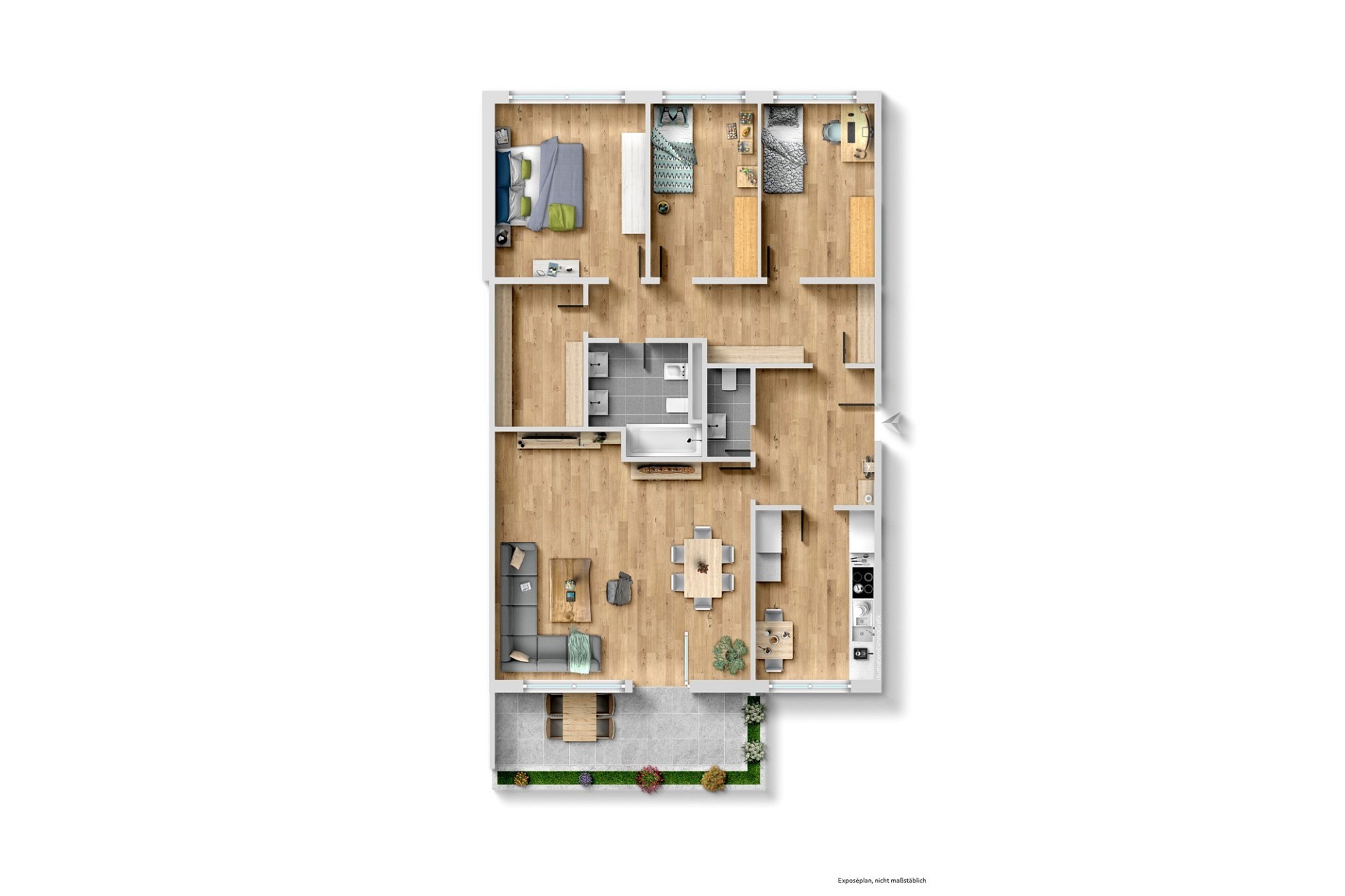 3D-Grundriss einer Wohnung mit Terrasse