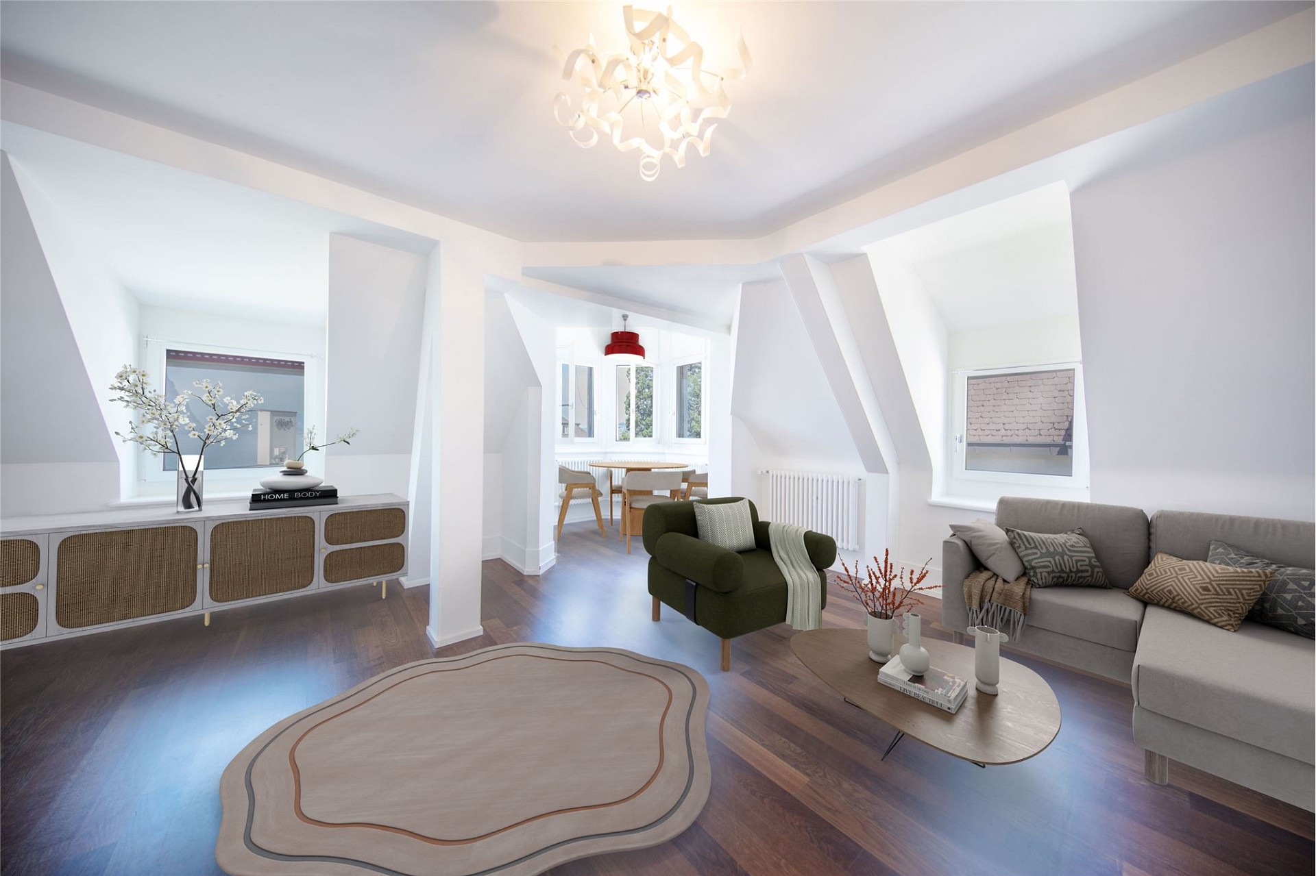 Helles Dachgeschoss-Wohnzimmer mit offener Sitz- und Esszone