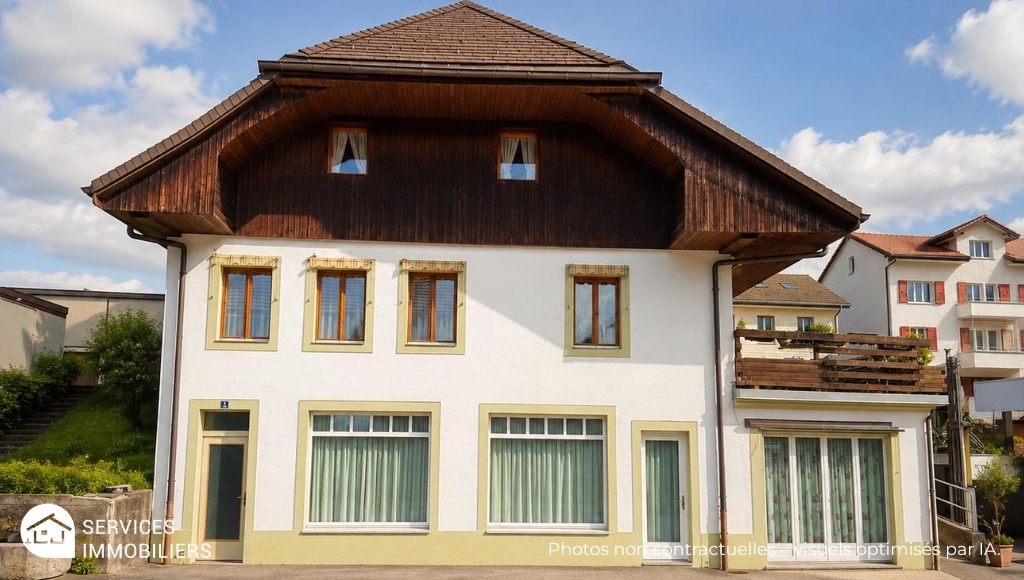 Traditionelles Wohnhaus mit Holzgiebel und weißer Fassade