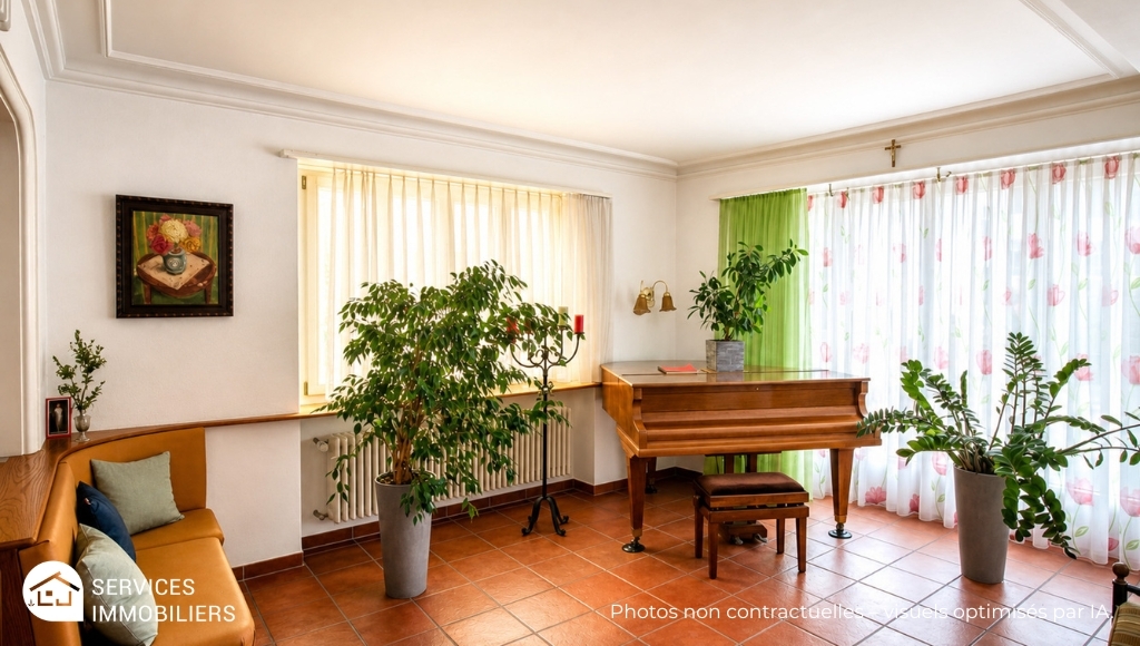Heller Wohnraum mit Klavier und Pflanzen