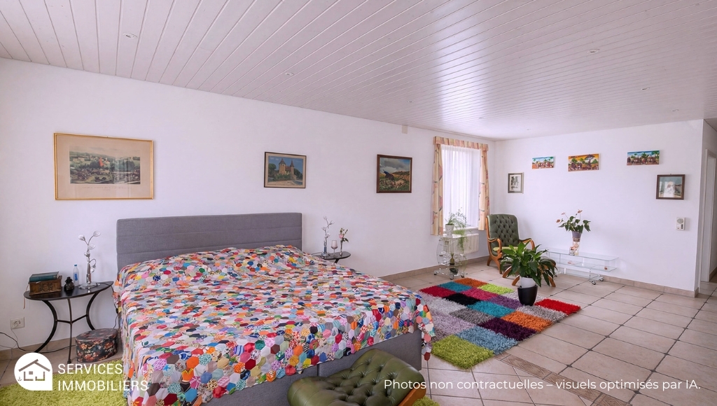 Schlafzimmer mit großem Bett und farbenfroher Bettwäsche