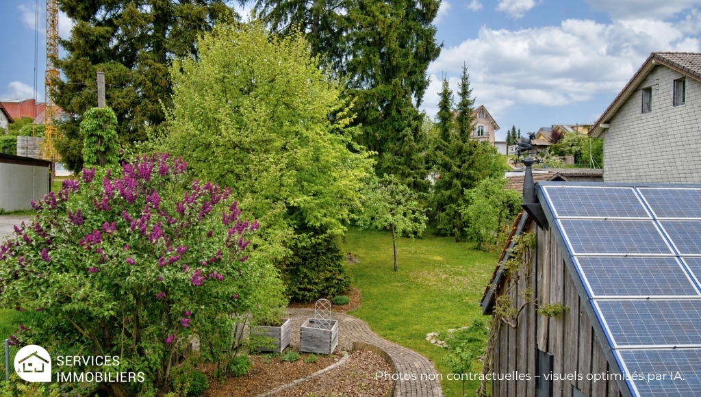Garten mit Solarzellen und üppiger Bepflanzung