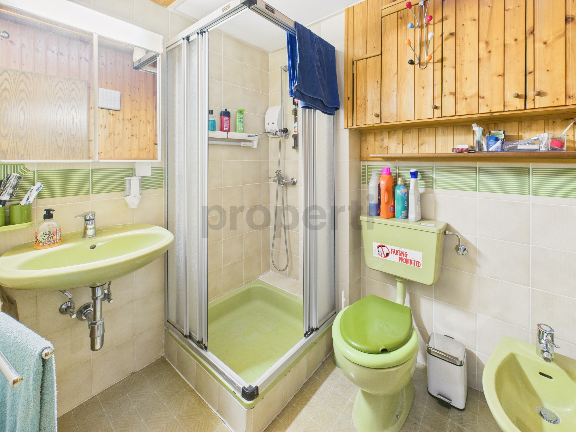 Kleines Badezimmer mit Duschkabine und auffälligen grünen Sanitärobjekten