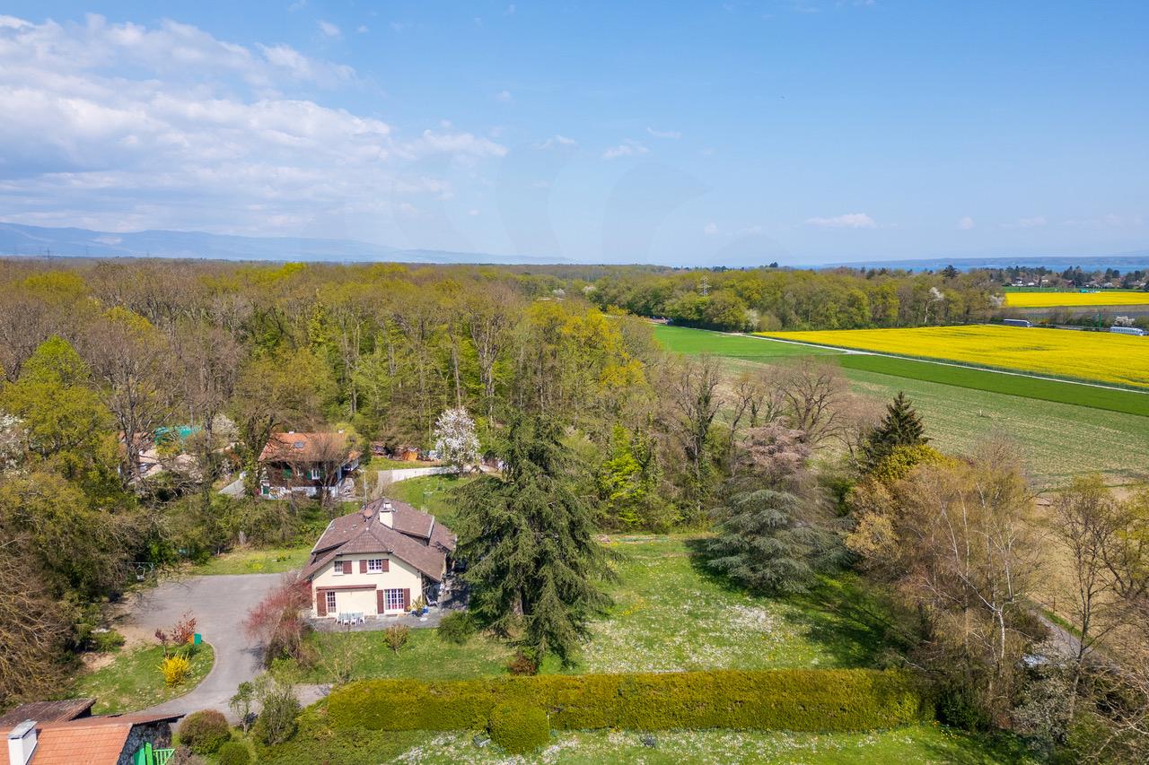Luftaufnahme eines Hauses im Grünen mit weiter Landschaft und Feldern