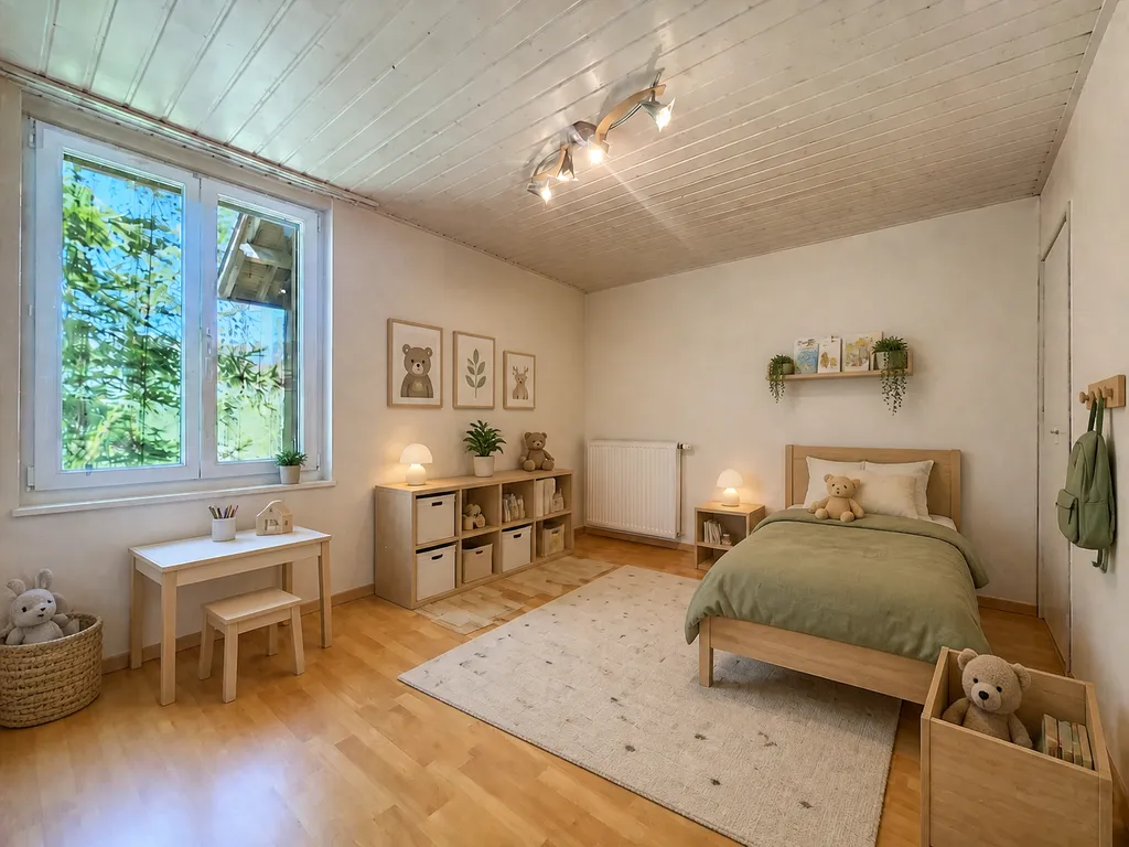 Kinderzimmer mit Holzdecke und Tageslicht
