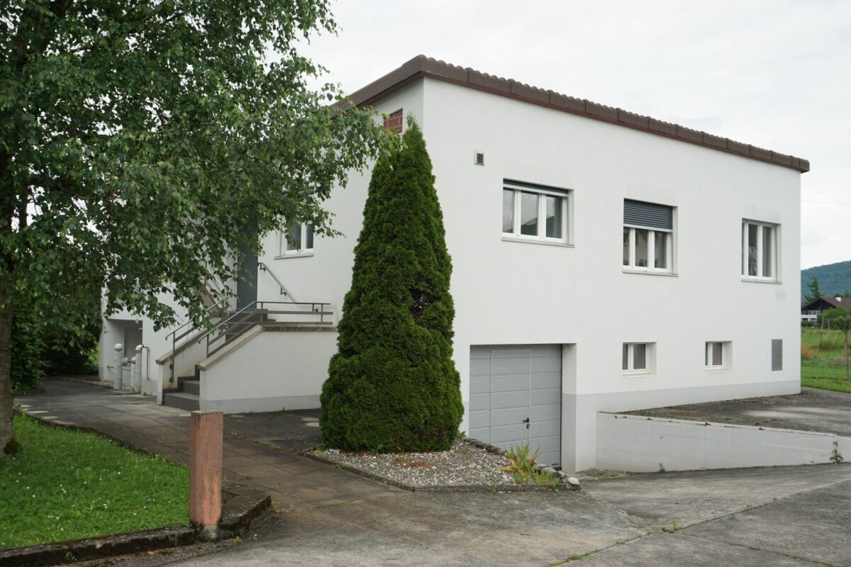Modernes, weiß verputztes Einfamilienhaus mit Flachdach und Gartenansicht