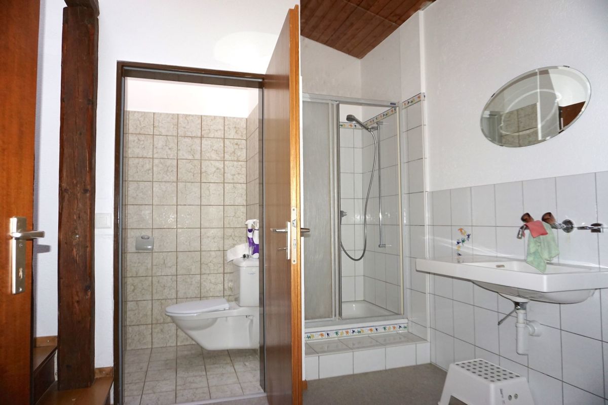 Badezimmer mit Dusche, WC und Waschbecken