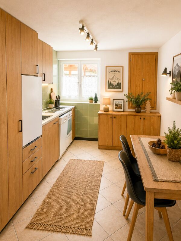 Helle Wohnküche mit Holzmöbeln
