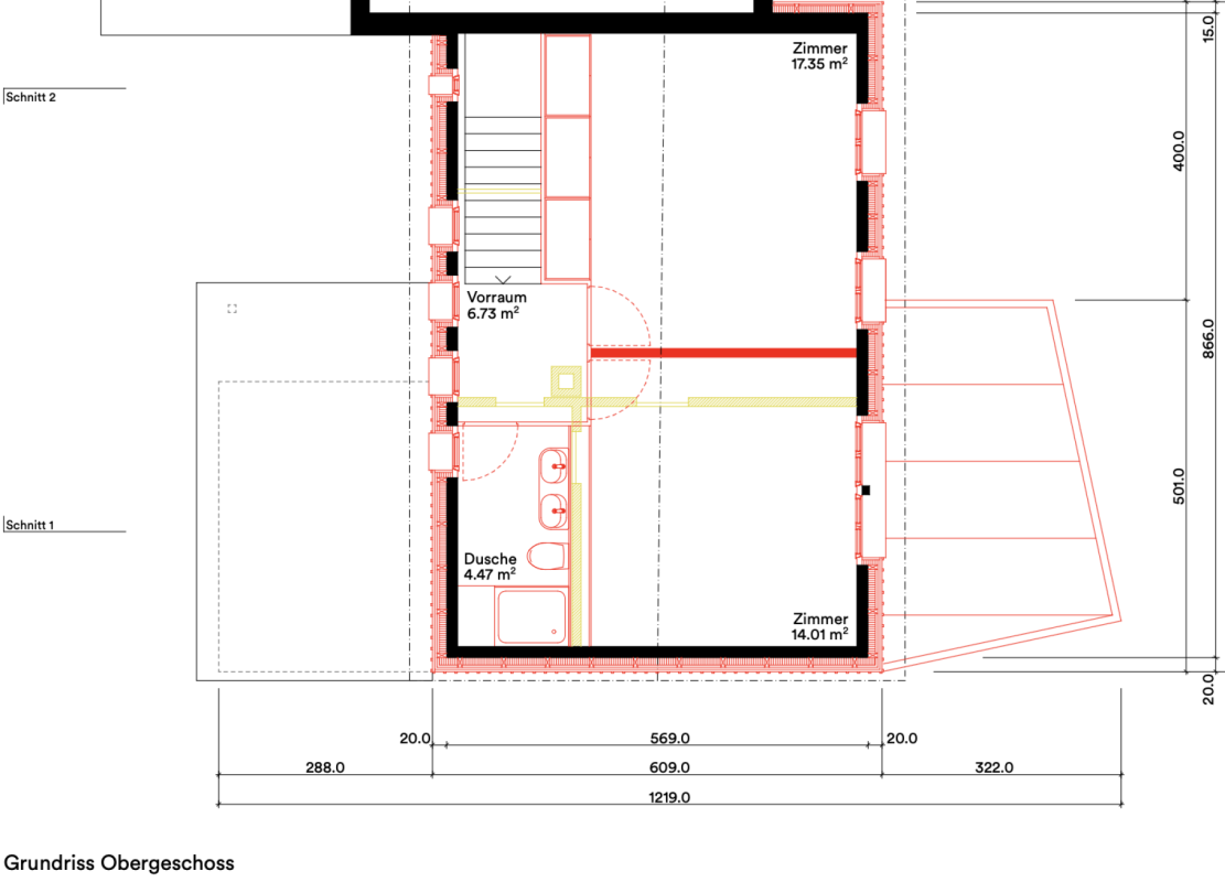 Grundriss Obergeschoss mit zwei Zimmern, Vorraum und Dusche