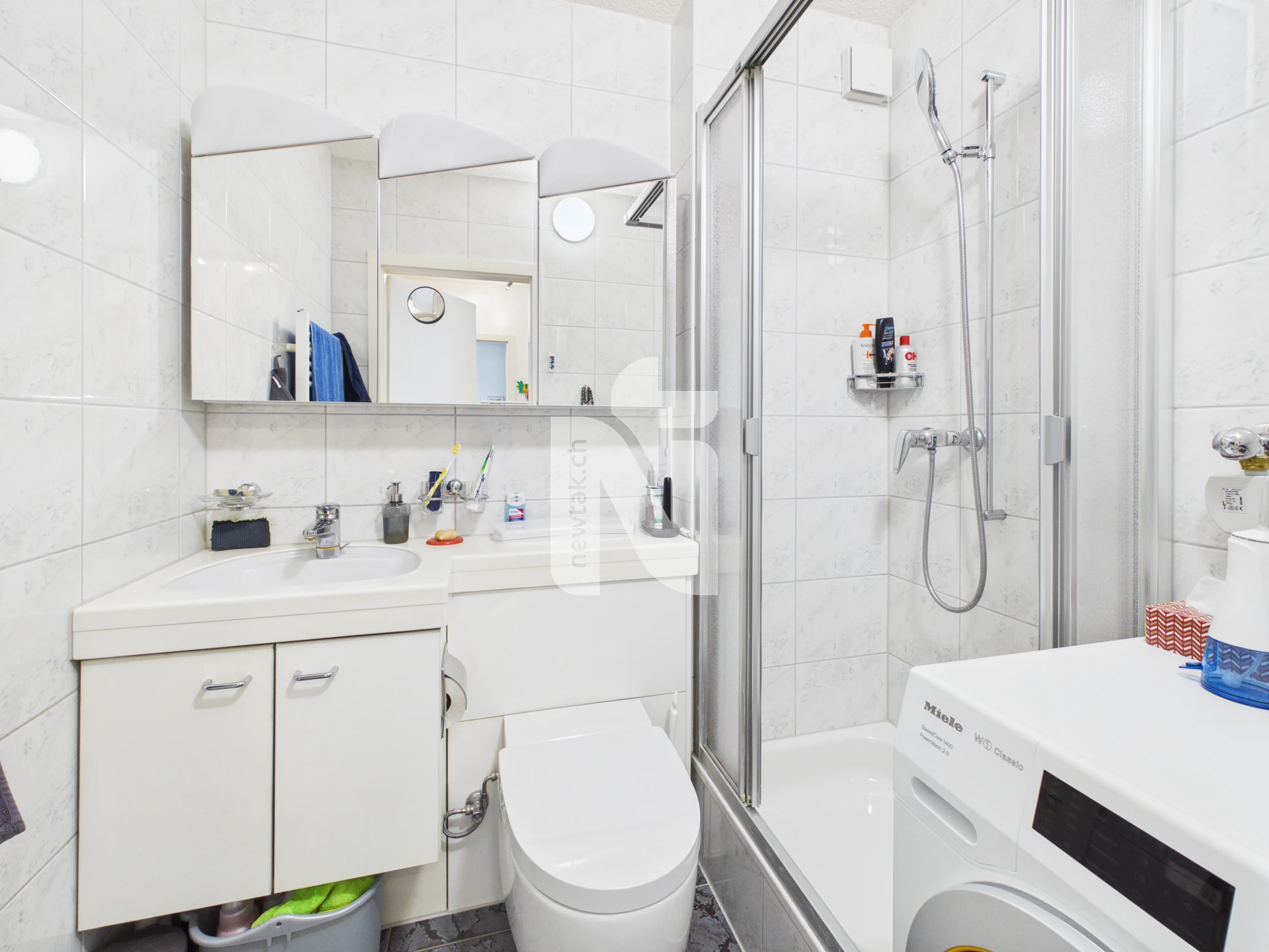 Modernes kleines Badezimmer mit Dusche, WC und Waschtisch
