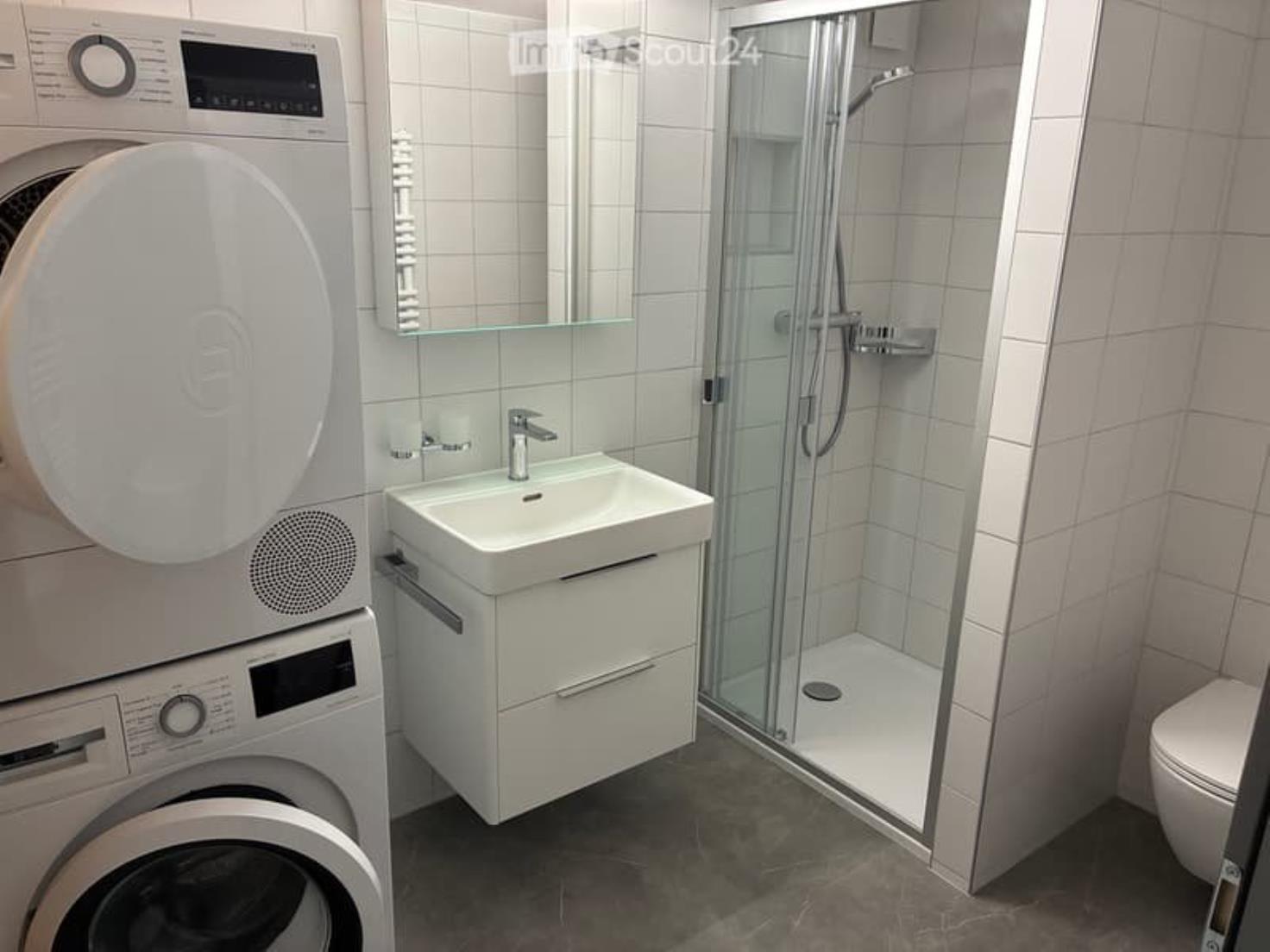 Modernes Badezimmer mit Waschmaschine und Dusche