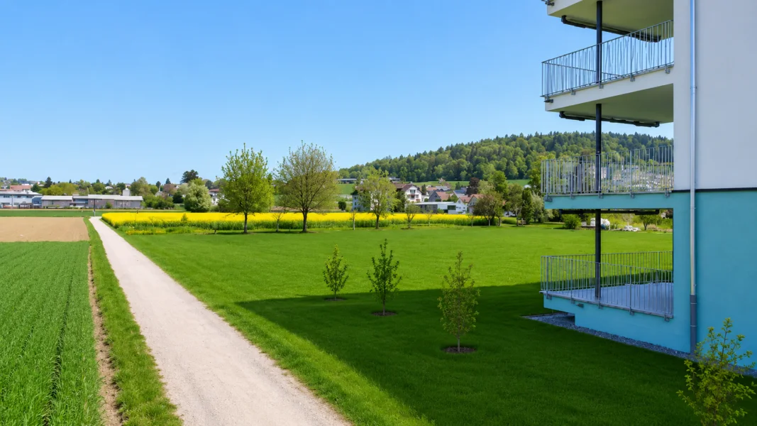 Blick vom Balkon auf Wiesen und Felder
