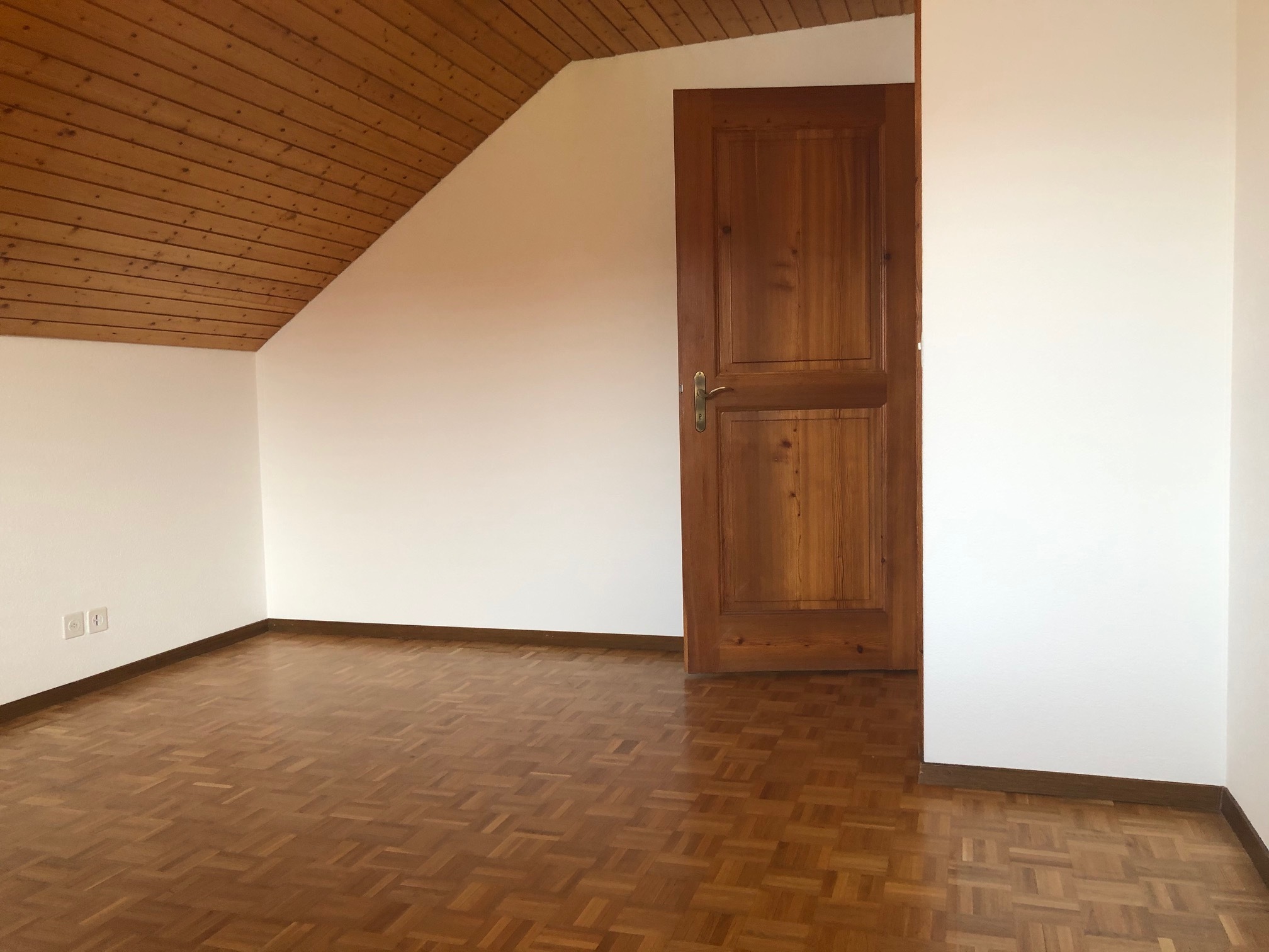 Leerer Dachraum mit Holzdecke und Holztür