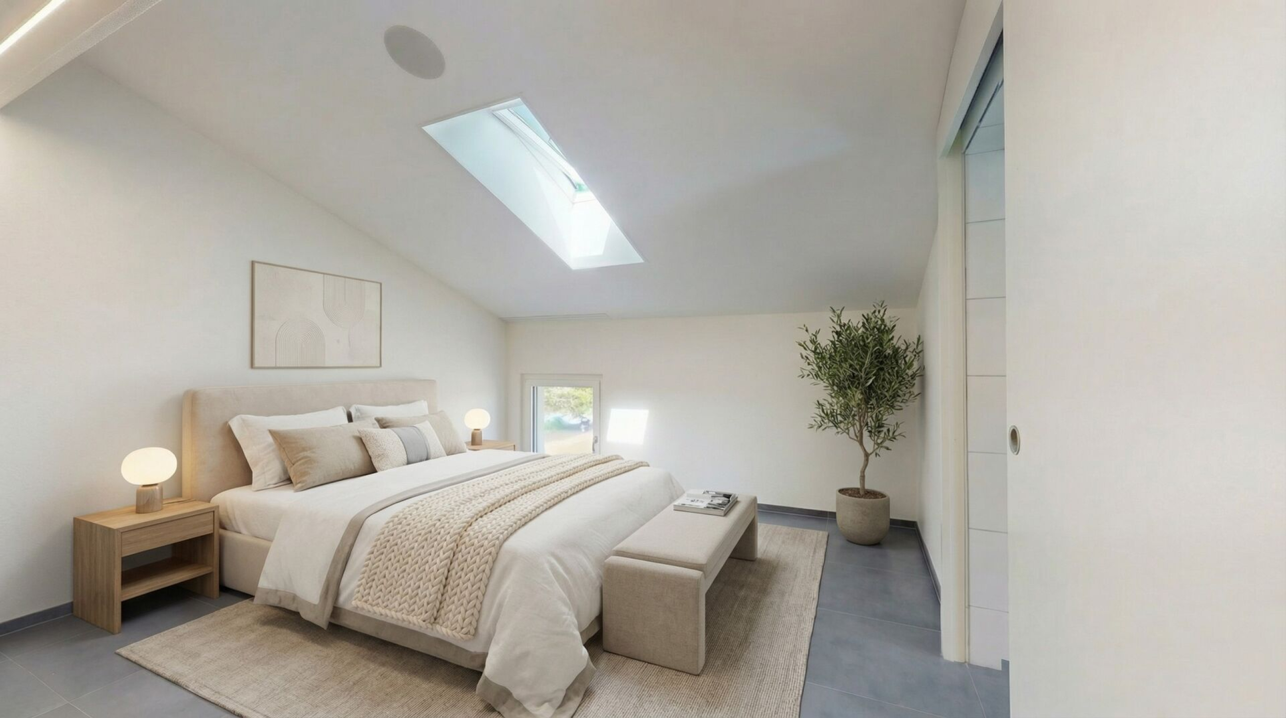 Helles, minimalistisches Schlafzimmer mit Dachfenster