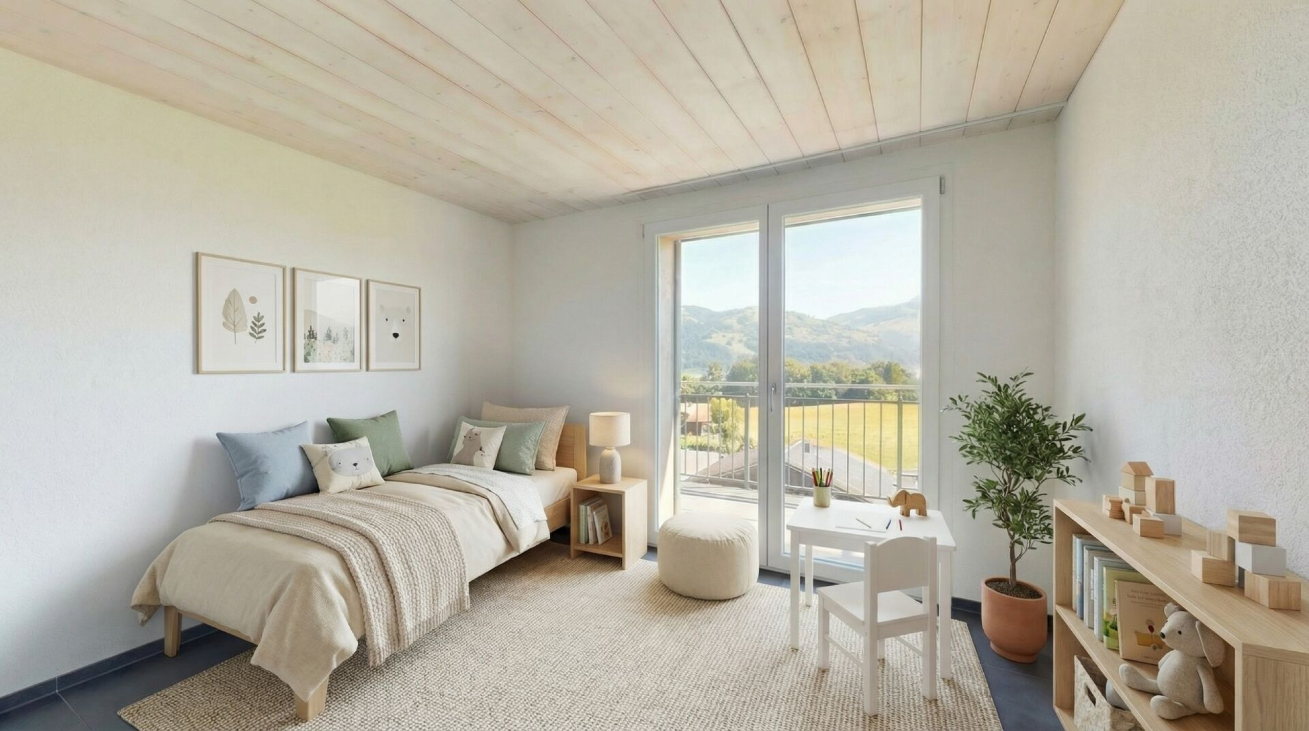 Helles, modern eingerichtetes Kinderzimmer mit Balkonblick