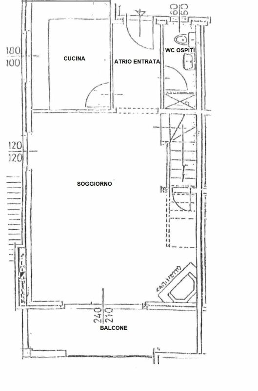 Grundriss mit Wohnzimmer, Küche, Eingangsdiele, Gäste-WC und Balkon