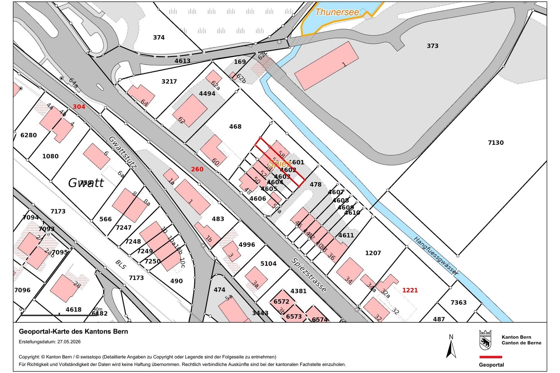 Geopotal-Karte des Kantons Bern mit Flurstücken und Straßen