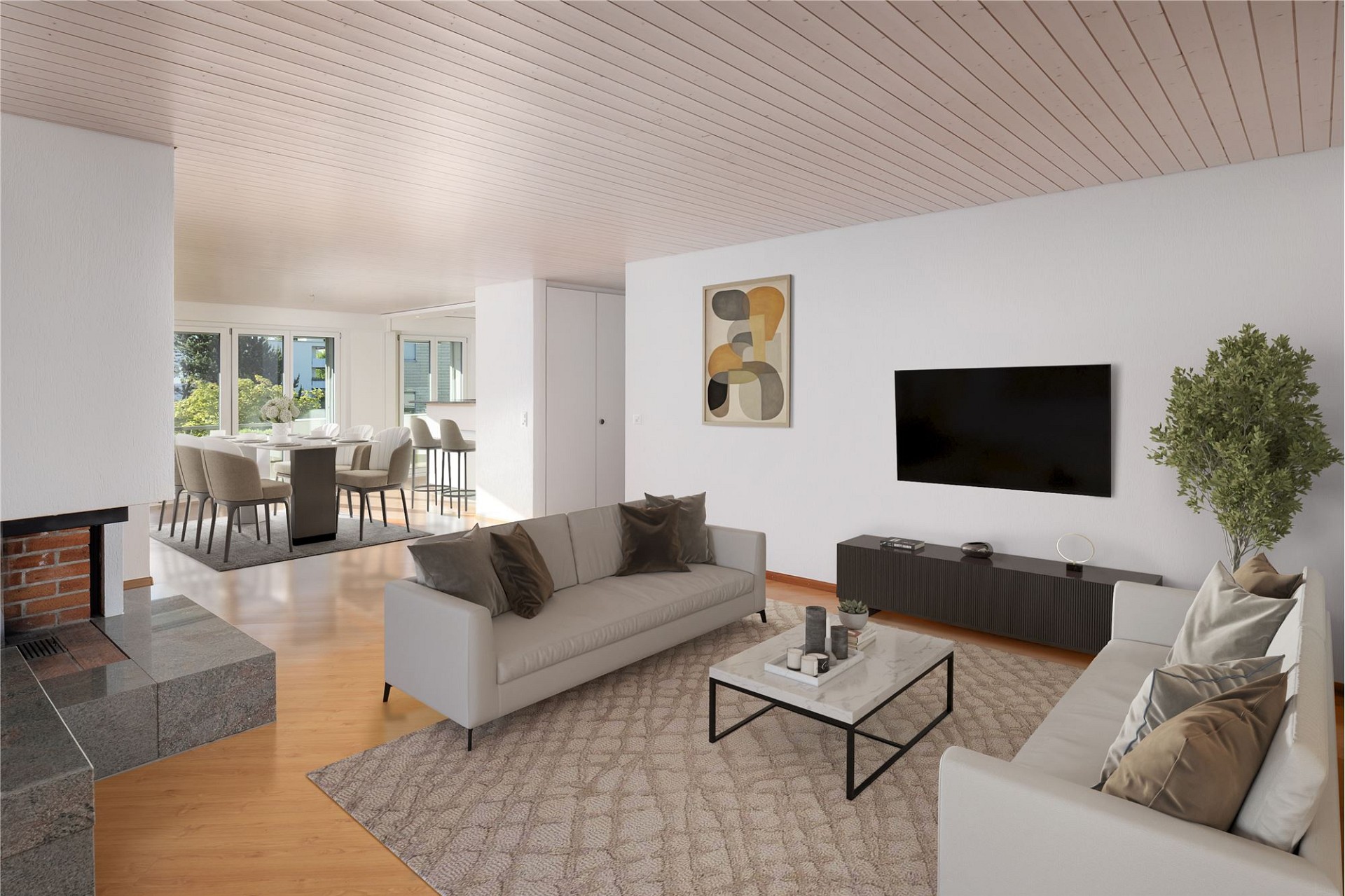 Helles, modernes Wohn-Esszimmer mit Kamin