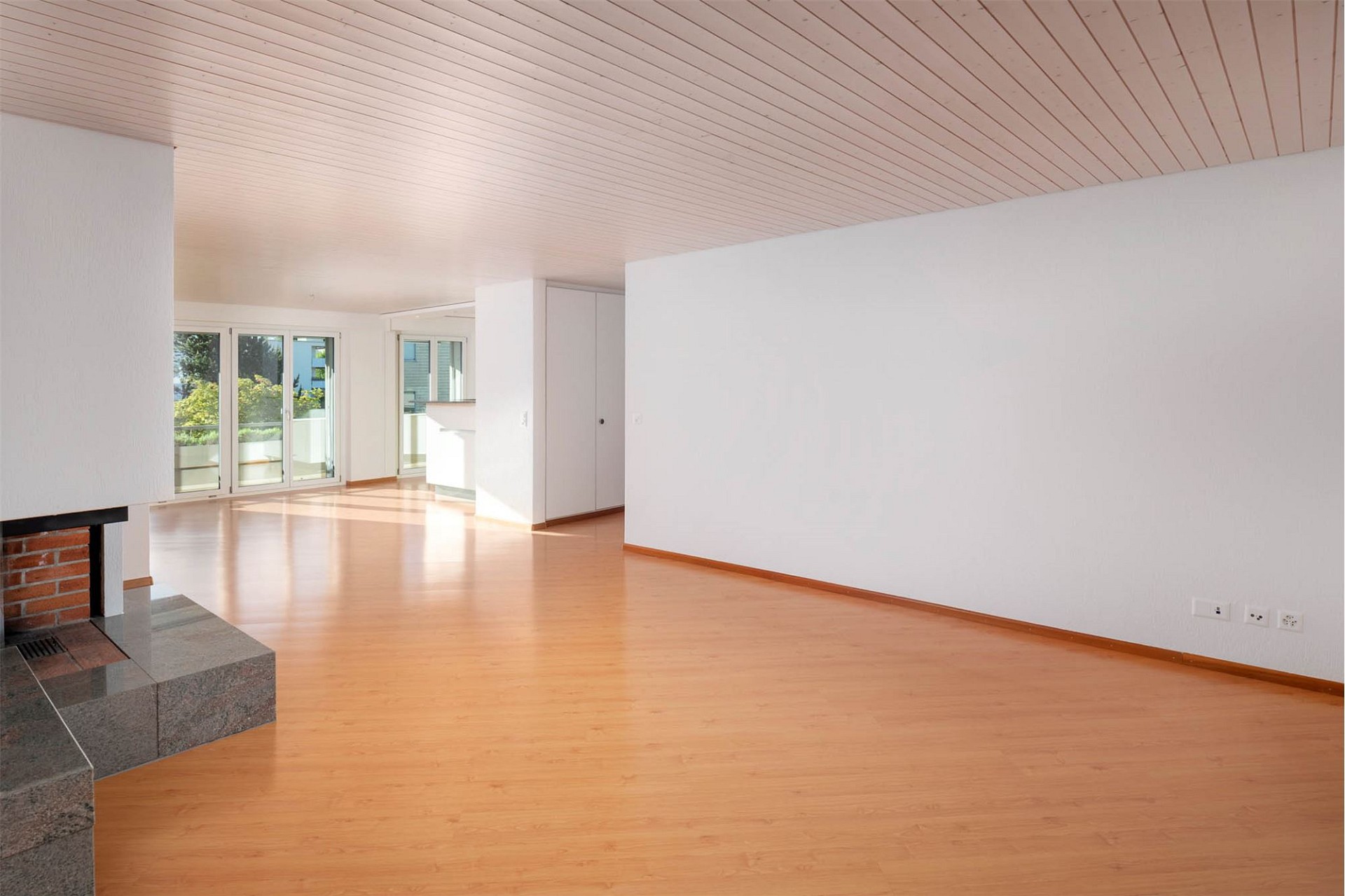 Heller Wohnraum mit Kamin und Balkonblick