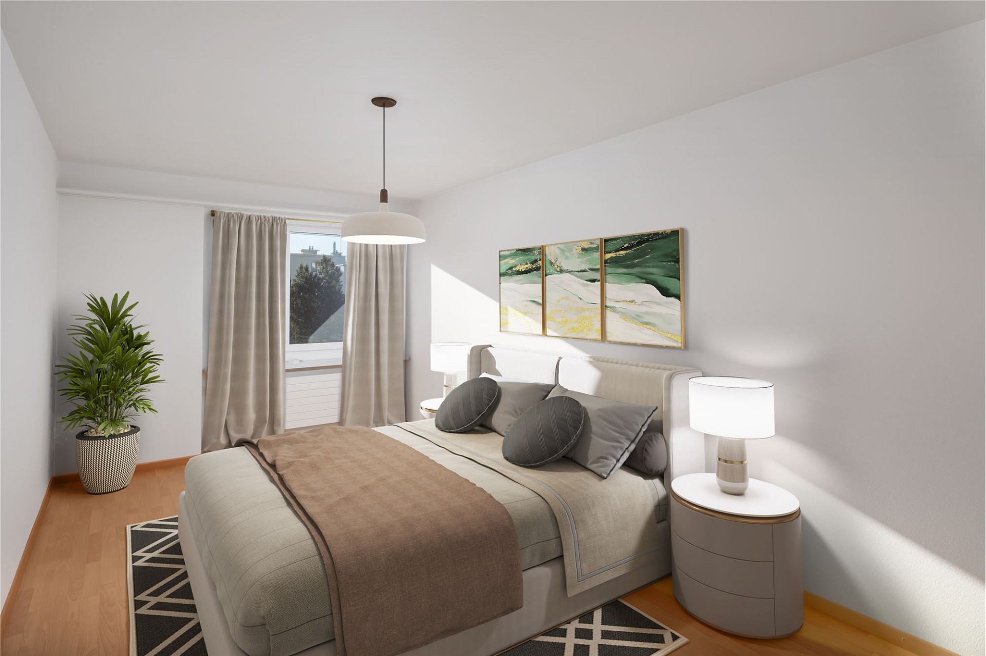 Helles Schlafzimmer mit moderner Einrichtung