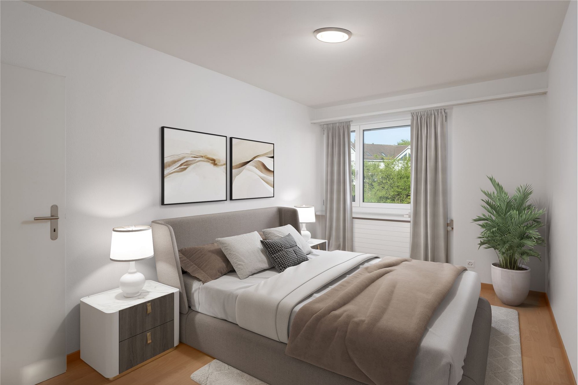 Helles Schlafzimmer mit Doppelbett