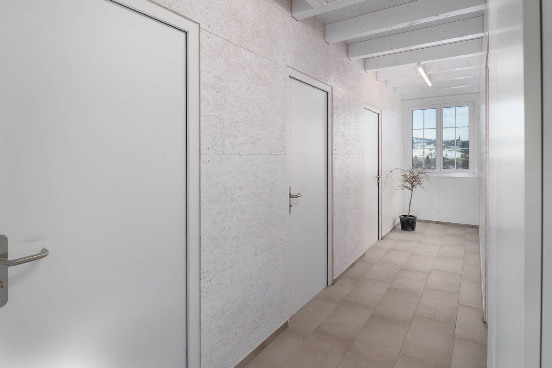 Heller Flur mit mehreren Türen und Fenster am Ende