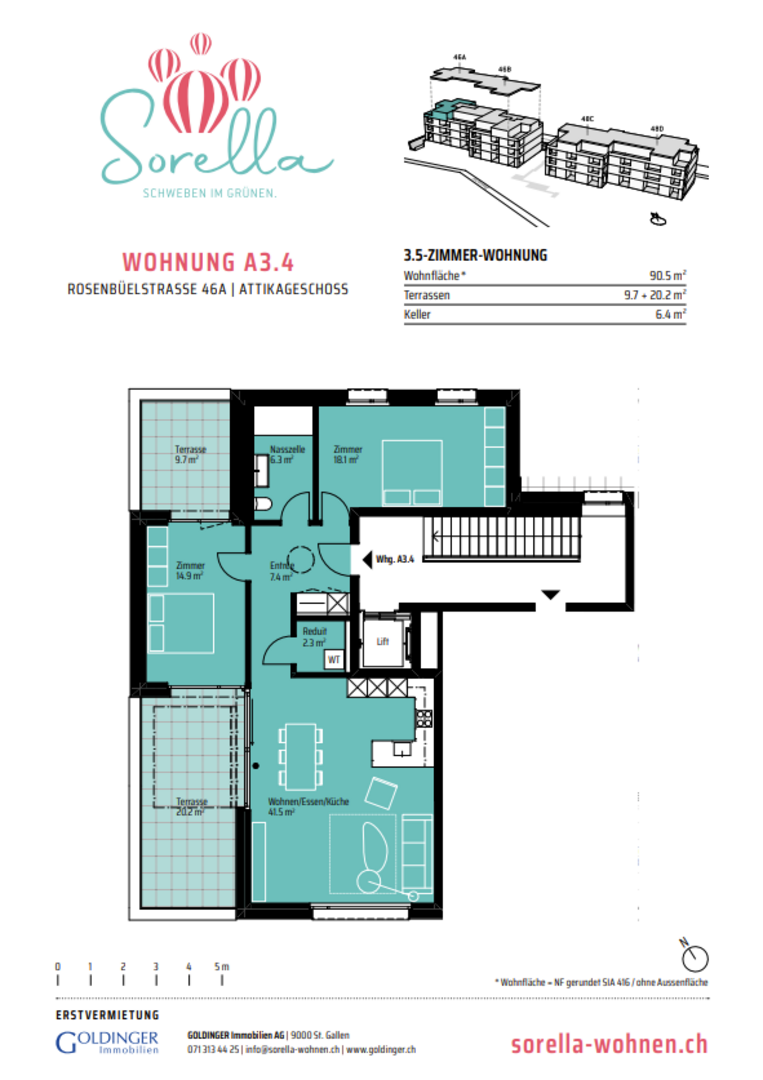 Grundriss einer 3,5-Zimmer-Wohnung mit Terrassen und Keller
