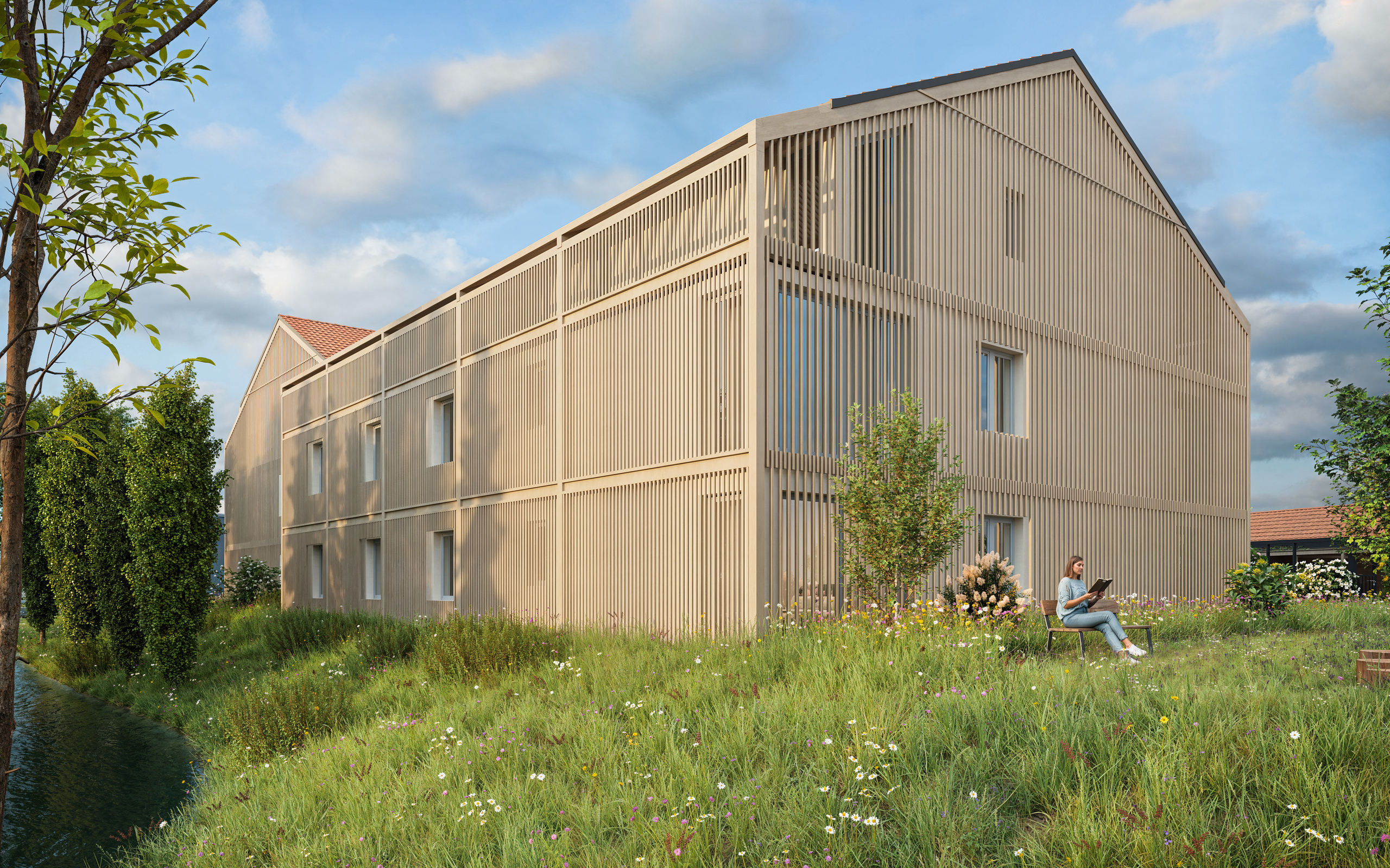 Moderne Holzfassade mit naturnahem Garten