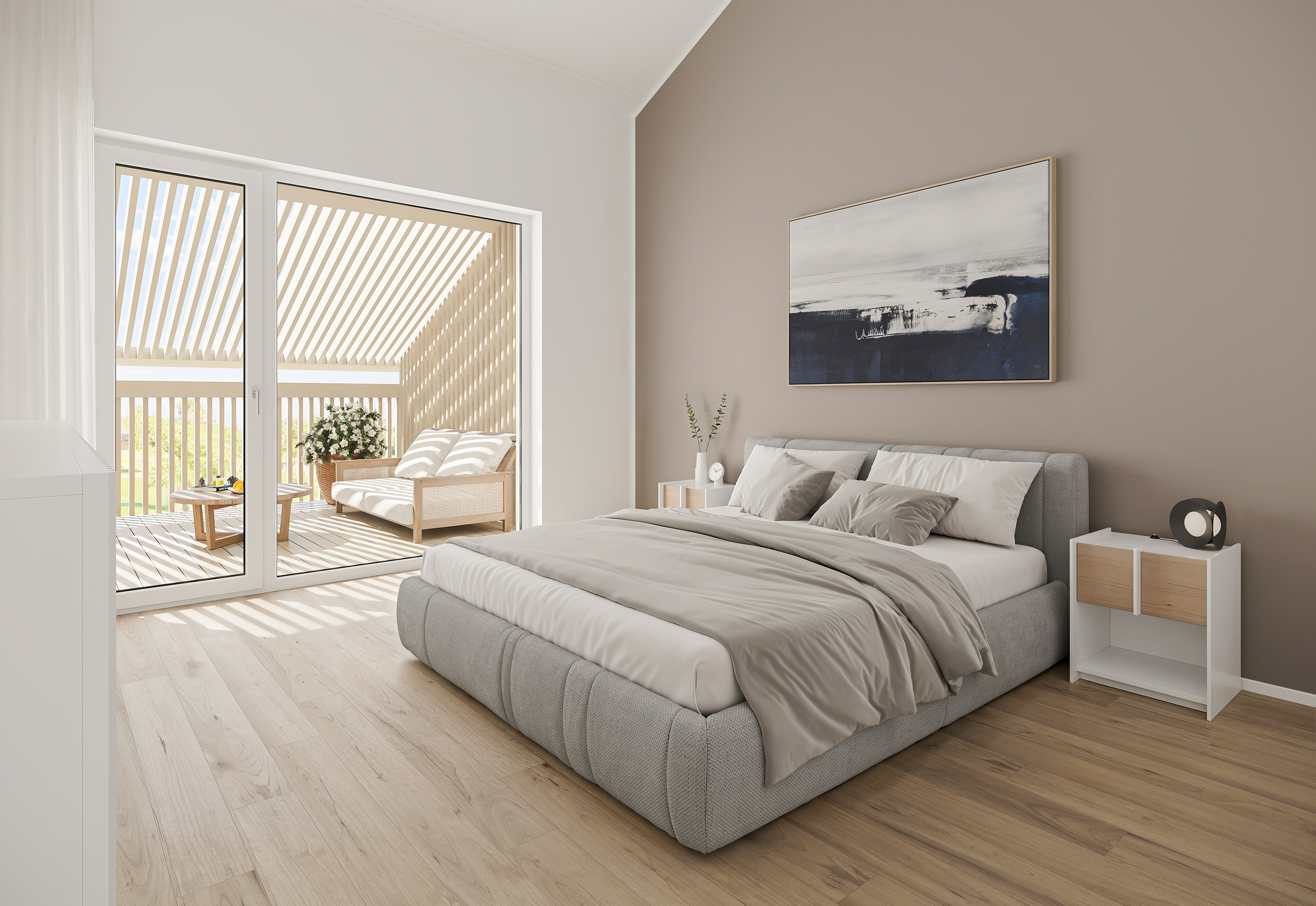 Helles Schlafzimmer mit Balkonzugang