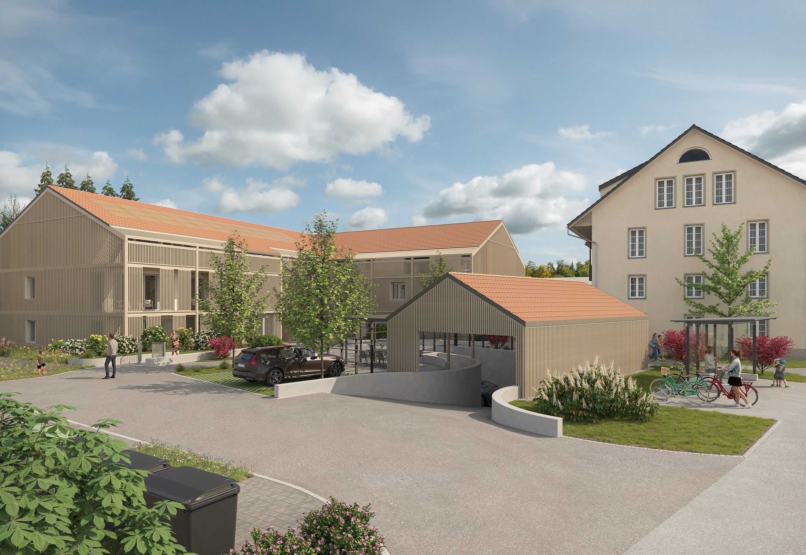 Moderne Wohnanlage mit begrüntem Innenhof