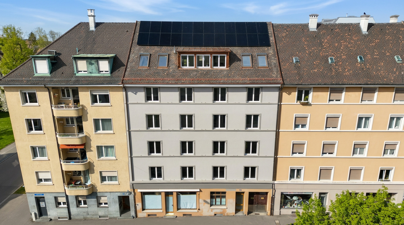 Mehrfamilienhaus-Fassade mit Solaranlage