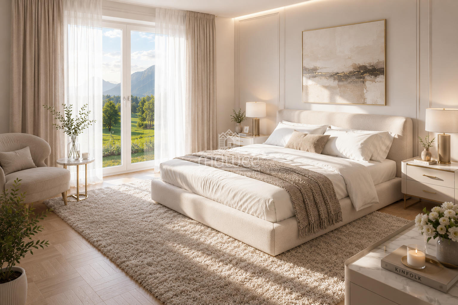 Helles, elegantes Schlafzimmer mit Bergblick