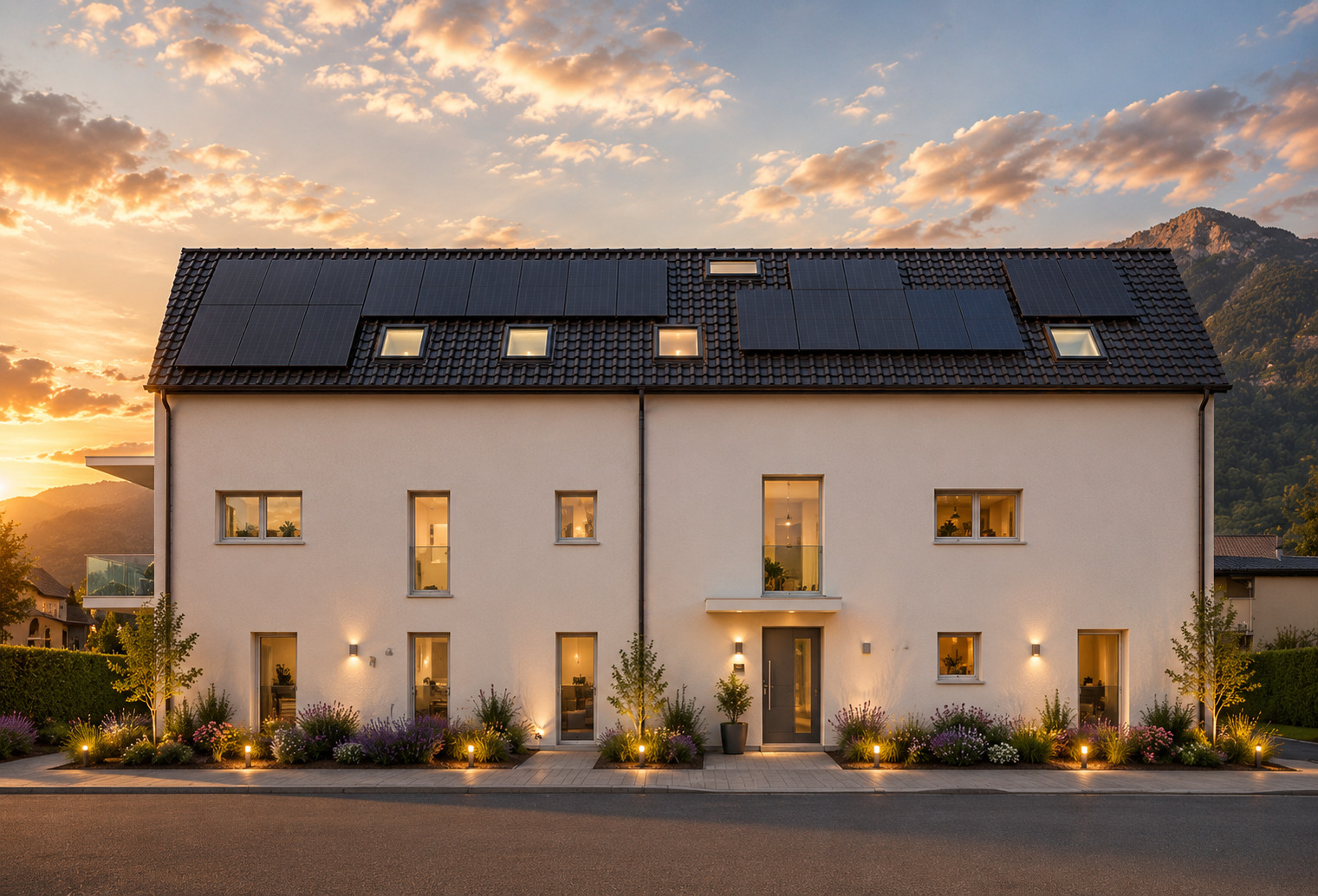Modernes Wohnhaus bei Sonnenuntergang