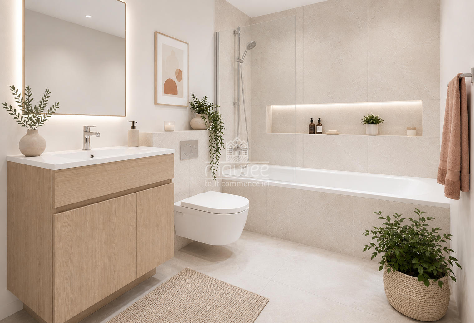 Modernes Badezimmer mit Badewanne und beleuchtetem Waschtisch