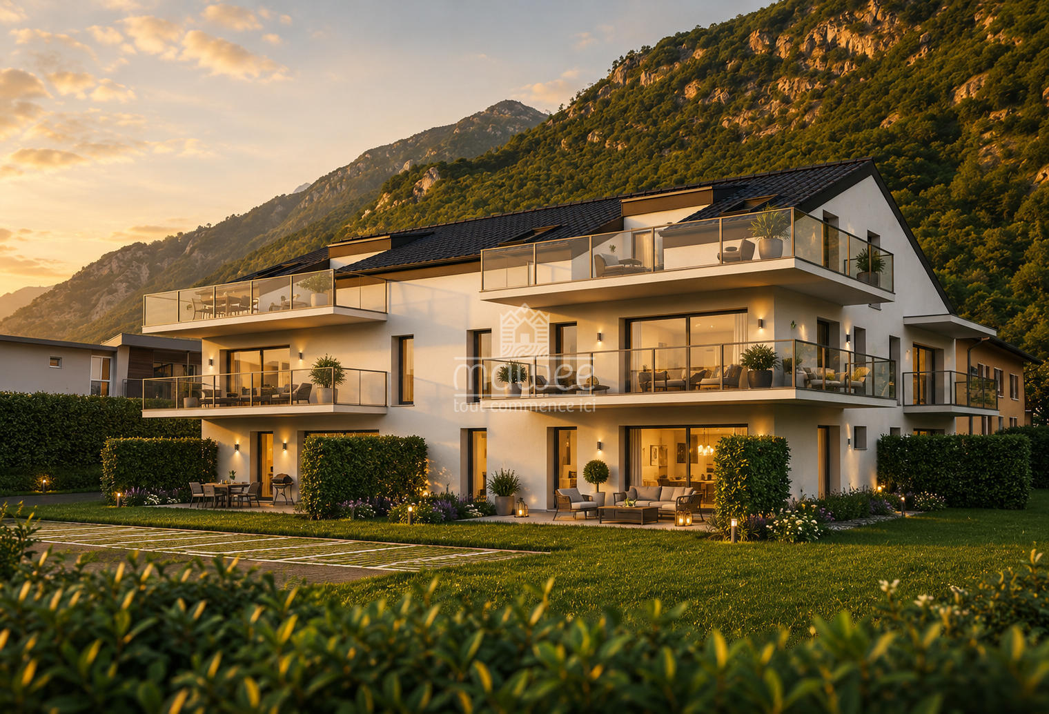 Luxuriöses Mehrfamilienhaus im Alpenpanorama bei Sonnenuntergang