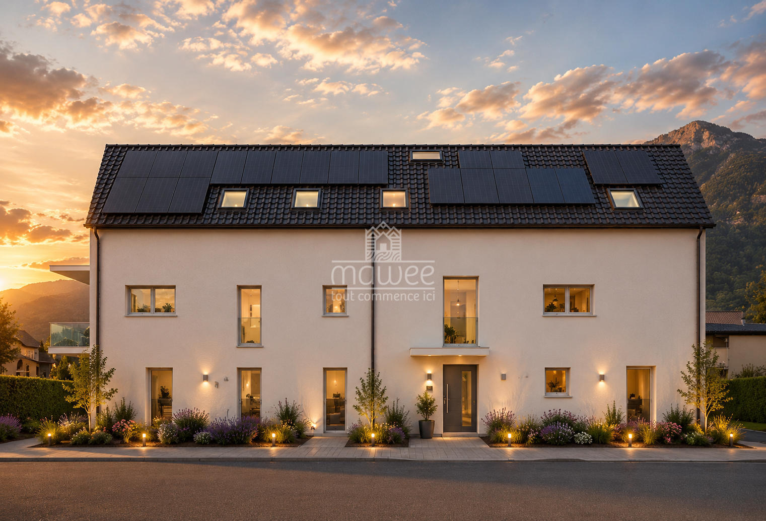 Modernes Haus mit Solardach bei Sonnenuntergang