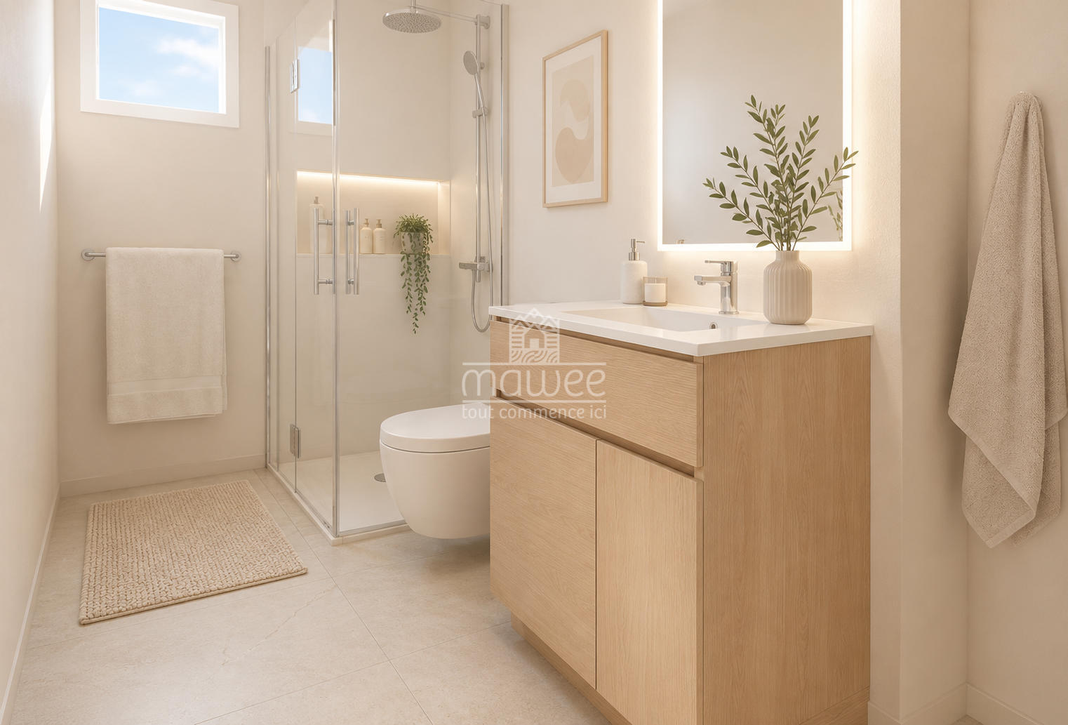 Helles, modernes Badezimmer mit Dusche und Holz-Waschtisch