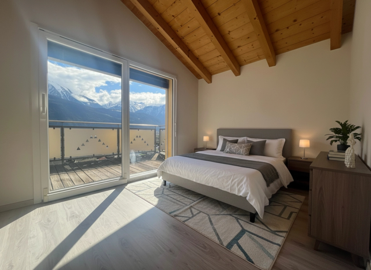 Schlafzimmer mit Bergblick und Balkon