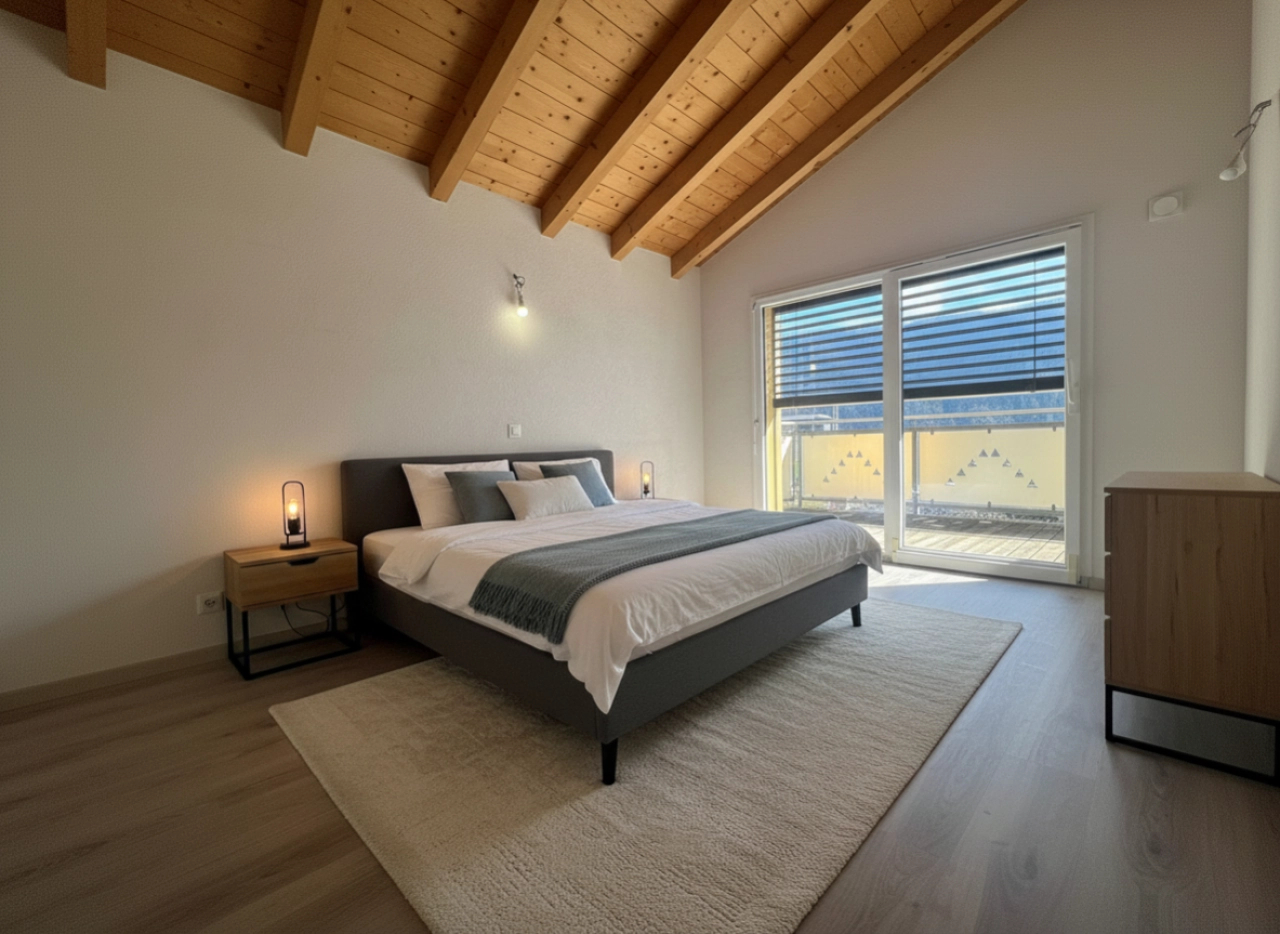 Modernes Schlafzimmer mit Holzdecke