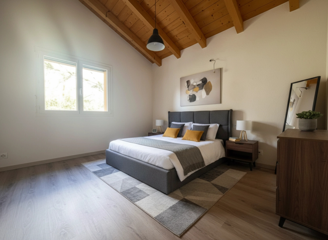 Helles Schlafzimmer mit Holzdecke