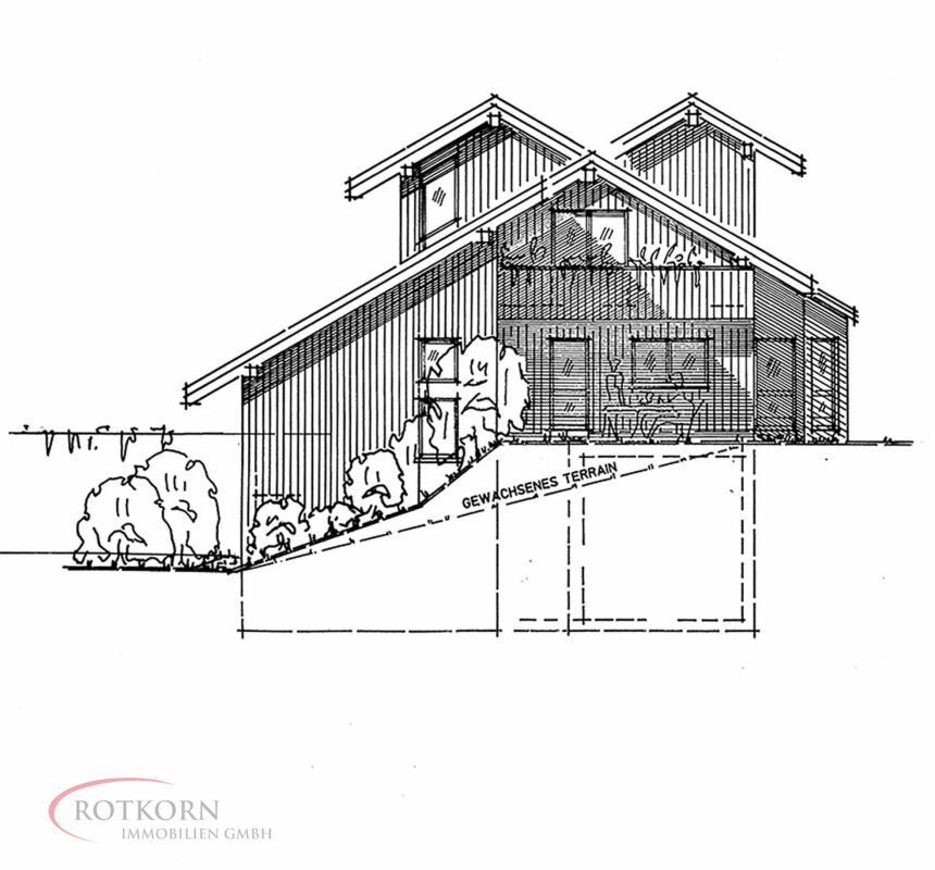 Schematische Außenansicht eines Hauses am Hang