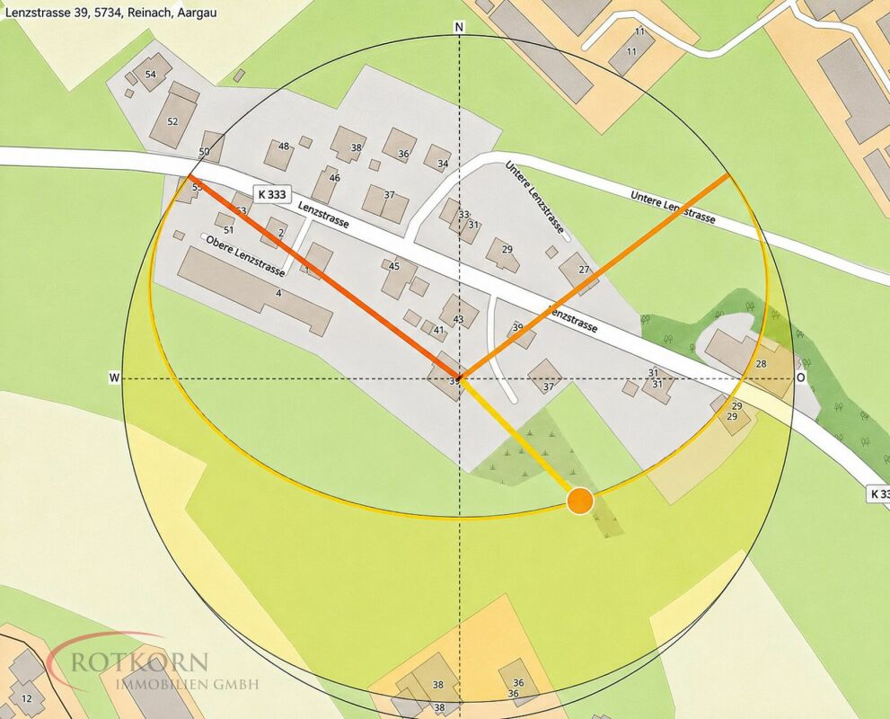 Lageplan mit Himmelsrichtung und Radius-Markierung