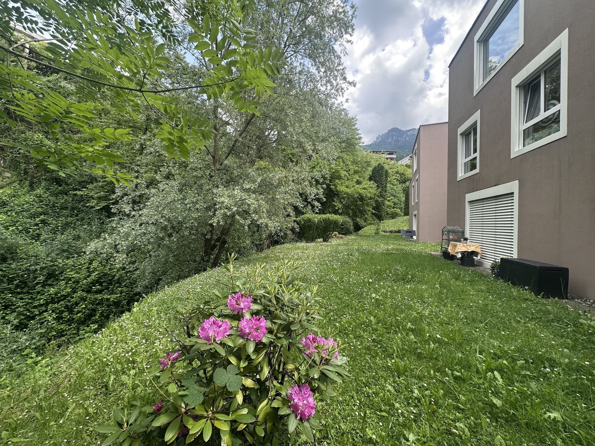 Garten am Gebäude mit Bergblick