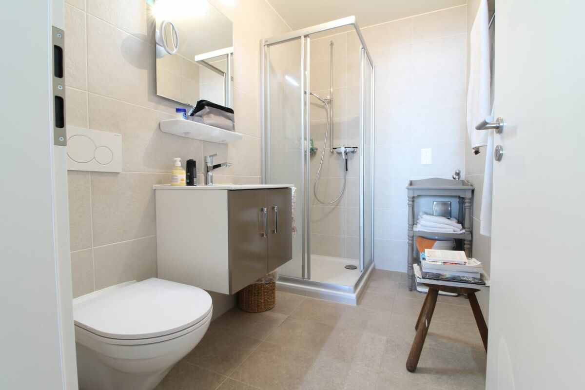 Modernes Badezimmer mit Dusche und wandhängendem WC